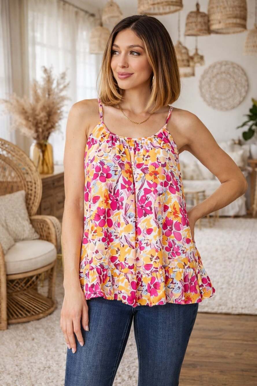 Double Take Floral Ruffle Hem Sleeveless Cami Top